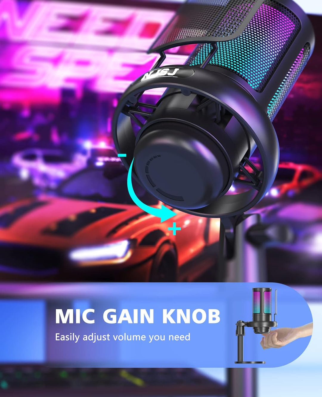 NJSJ Mikrofone PC, Gaming Microphone for PS4 PS5, RGB USB C Podcast Mikrofone with Mute Button, Trip