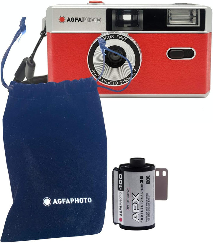 AgfaPhoto analoge 35mm Kleinbildfilm Foto Kamera rot + Schwarz/Weiss Bilder Film + Batterie rot Set