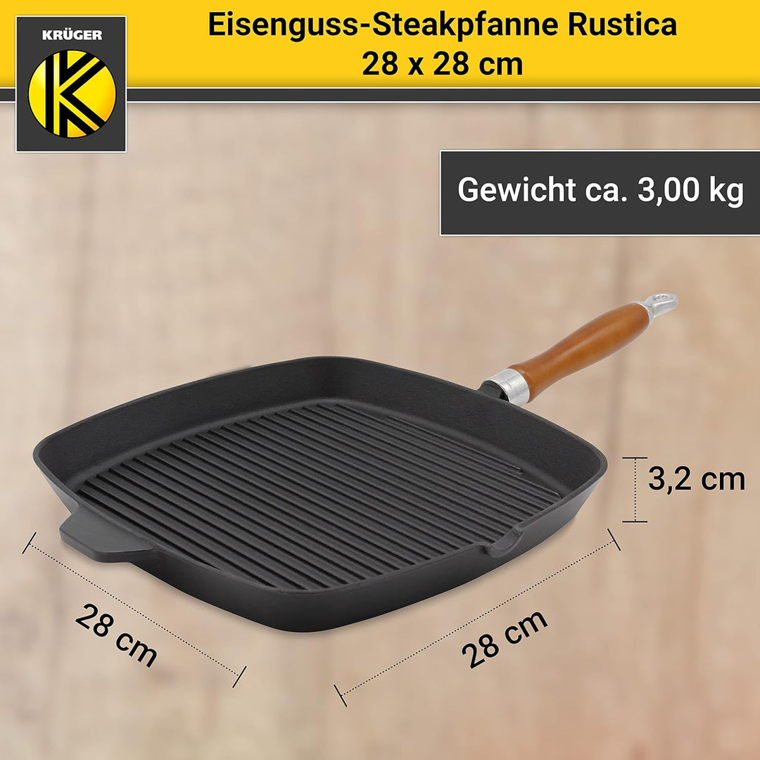 KRÜGER Gusseisen-Grillpfanne mit Holzgriff - 28 x 28 cm - emailliert - hohe Hitzebeständigkeit und l