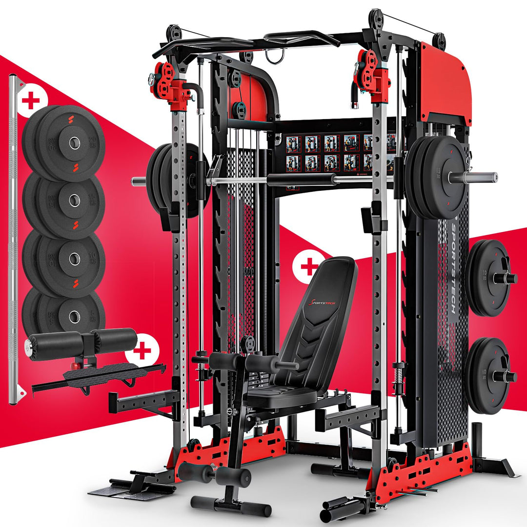 Sportstech SXM200 Smith Machine für Zuhause, Power Rack mit Kabelzug, Klimmzug, Langhantelstange, Be