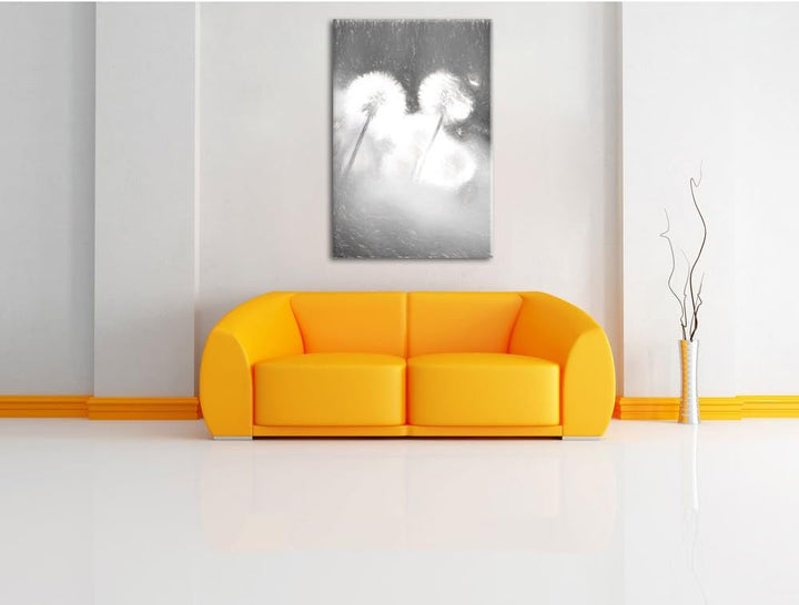 Pixxprint Pusteblumen im morgendlichen Wind Kunst Kohle Effekt, Format: 100x70 auf Leinwand, 100x70