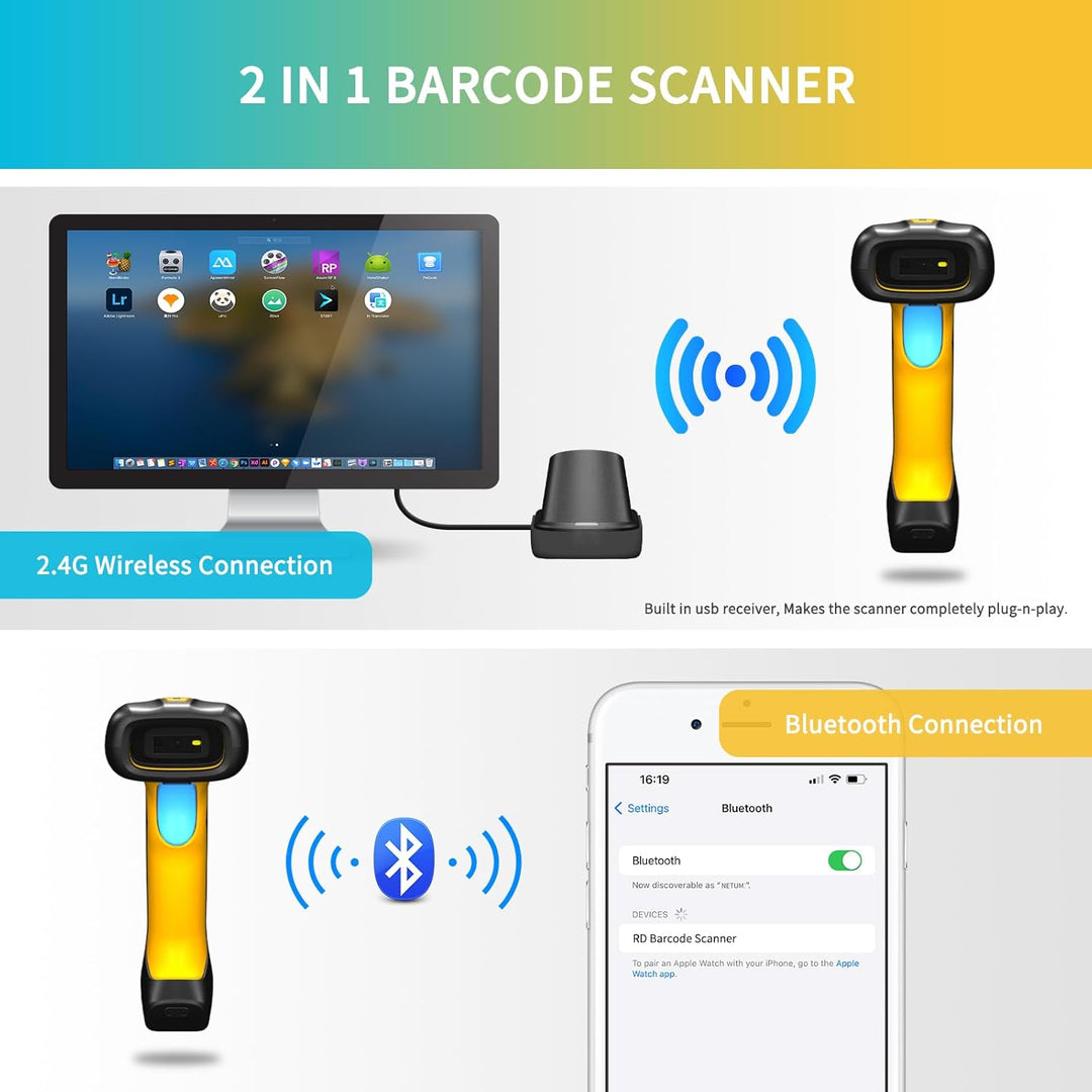 NETUM Verbesserter QR Industrie Bluetooth Barcode Scanner mit Ladestation, kabelloser 2D-1D-Barcode-