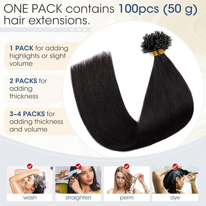 Elailite Bondings Extensions Echthaar #1B Naturschwarz, 50g 35cm U Tip Hair Extensions Keratin 100 S