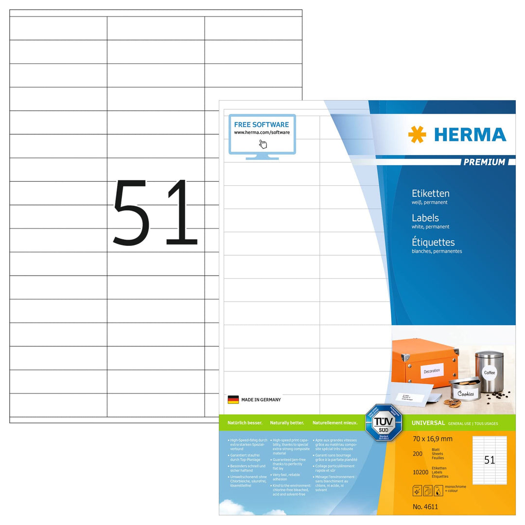 HERMA 4611 Universal Etiketten, 200 Blatt, 70 x 16,9 mm, 51 Stück pro A4 Bogen, 10200 Aufkleber, sel