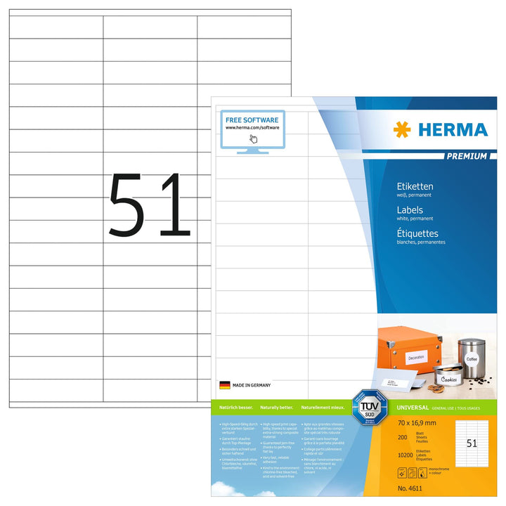 HERMA 4611 Universal Etiketten, 200 Blatt, 70 x 16,9 mm, 51 Stück pro A4 Bogen, 10200 Aufkleber, sel