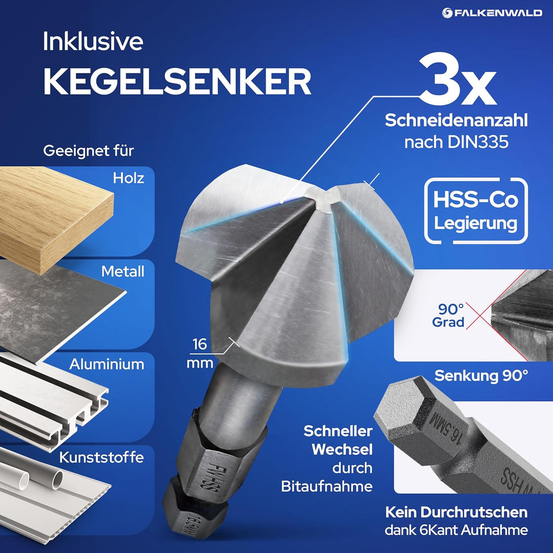 Falkenwald Holzbohrer Set 1-13mm + Kegelsenker 26tlg. - HSS-G Bohrerset für präzise und saubere Bohr
