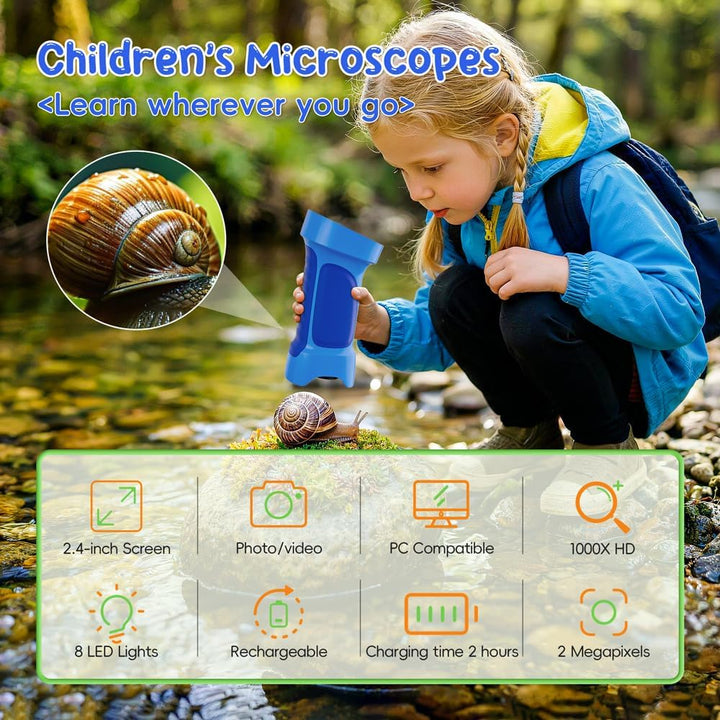 Mikroskop für Kinder, Temodu 2.4" Bildschirm, 1000X USB Tragbares Taschenmikroskop, Wiederaufladbare