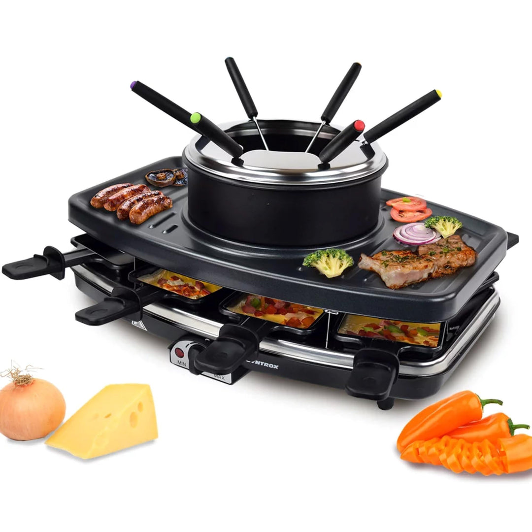 Syntrox Germany Raclette-Grill emailliert Liles mit Fondue, Tischgrill. 1100Watt, Partygrill, Elektr
