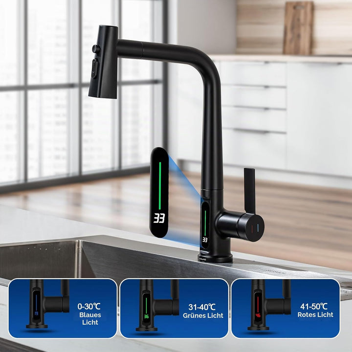 Wasserhahn Küche Mit Brause Ausziehbar,Küchenarmatur 360°Schwenkbar Spültischarmatur LED Temperatura