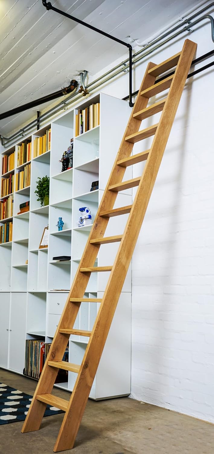 Dachbodetreppe, Eichenholz, Hochbettleiter, Bibliotheksleiter, 10 Stufen, Höhe 212 cm, Leichtgewicht