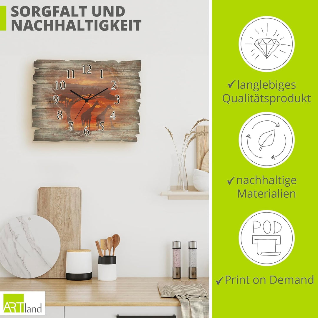 ARTLAND Wanduhr ohne Tickgeräusche aus Holz Funkuhr 40x30 cm Rechteckig Lautlos Afrika Tiere Giraffe