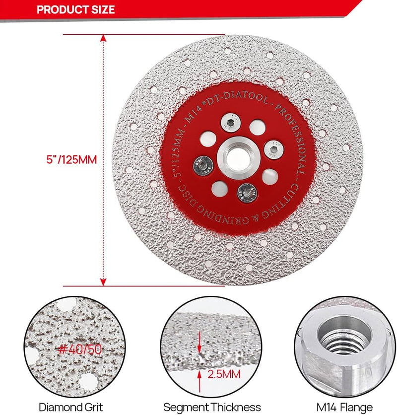 DT-DIATOOL Diamantscheibe 125 mm x M14 Vakuumgelötet Trennscheibe und Schleifscheibe für Granit Beto