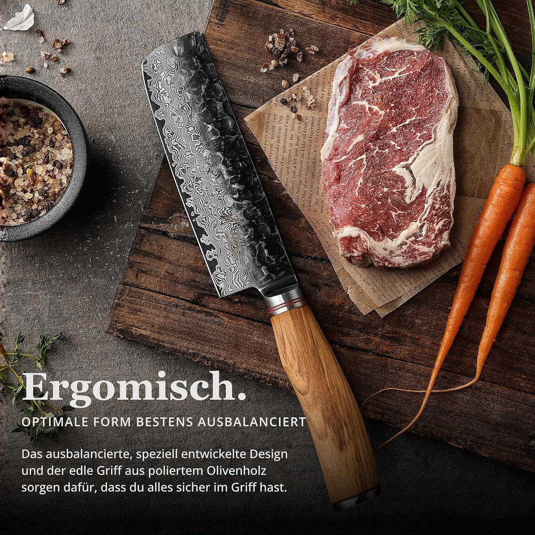 Wakoli Olive HS Serie Damastmesser Nakirimesser 17 cm Klinge extrem scharf aus 67 Lagen I Damast Pro