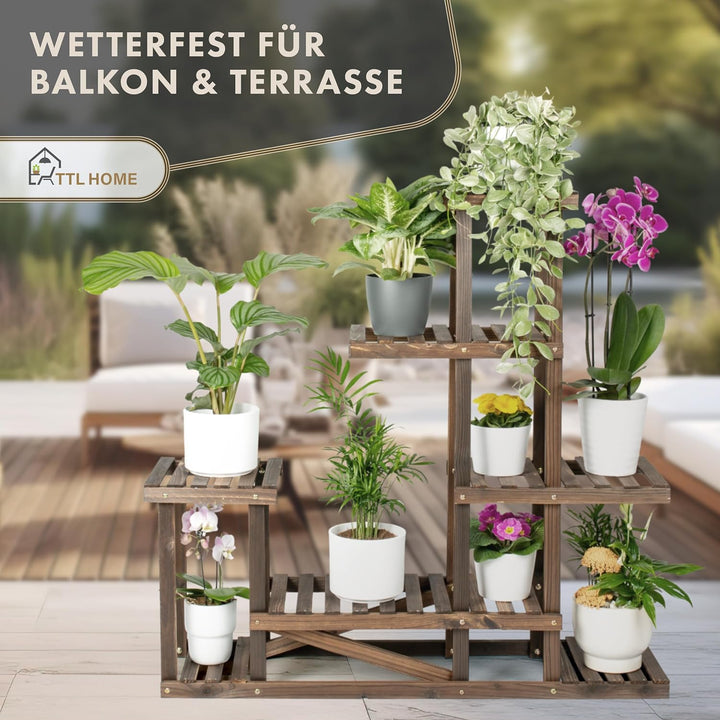 TTL HOME Pflanzenregal SKYLINE - 96 x 97 x 25 cm Natur Holz braun Pflanzentreppe Blumenbank 96cm hoc