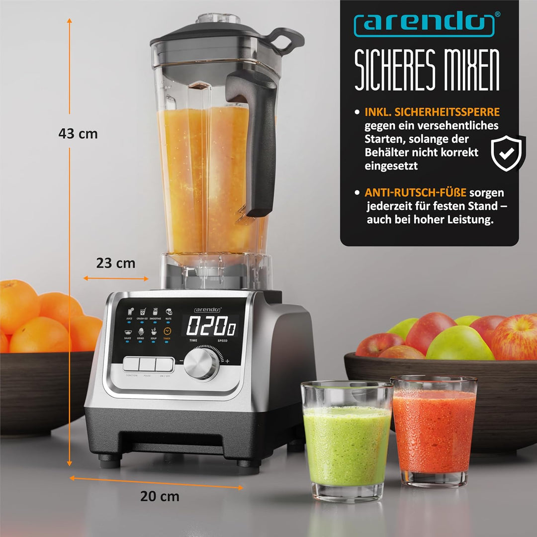 Arendo – Standmixer 2000 Watt - Hochleistungsmixer Edelstahl - 2 Liter Fassungsvermögen – mit Displa