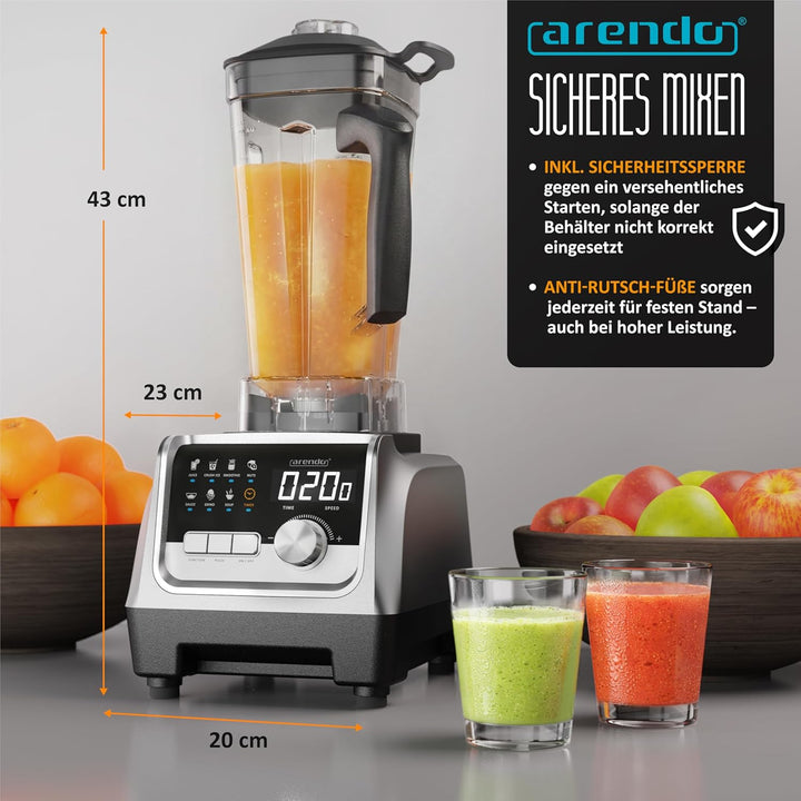 Arendo – Standmixer 2000 Watt - Hochleistungsmixer Edelstahl - 2 Liter Fassungsvermögen – mit Displa