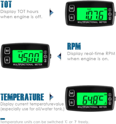 Runleader Digitales Öl-Wasser-Temperaturmessgerät, Echtzeit-Drehzahlanzeige, Alarmtemperatur und Dre