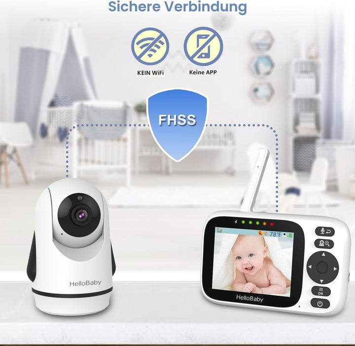 HelloBaby Babyphone mit Kamera, ferngesteuertes Schwenk-Neige-Zoom Video Babyphone und 3,2'' IPS Bil