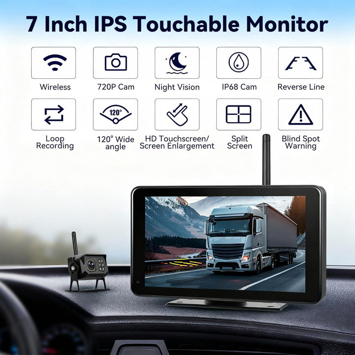 SIXWIN Kabelloses Rückfahrkamera-Set, 7 Zoll Touchscreen Monitor mit 1 IP68 Kabelloser Rückfahrkamer