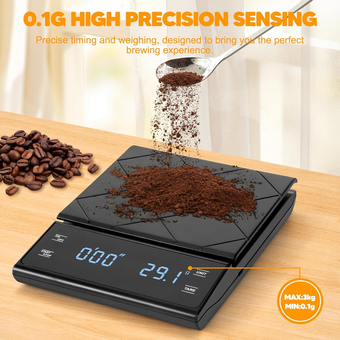 Kaffeewaage Digitale mit 3 AAA Batterie, Bis 3kg/0,1g, Batteriebetrieben Espresso Waage mit Timer, M