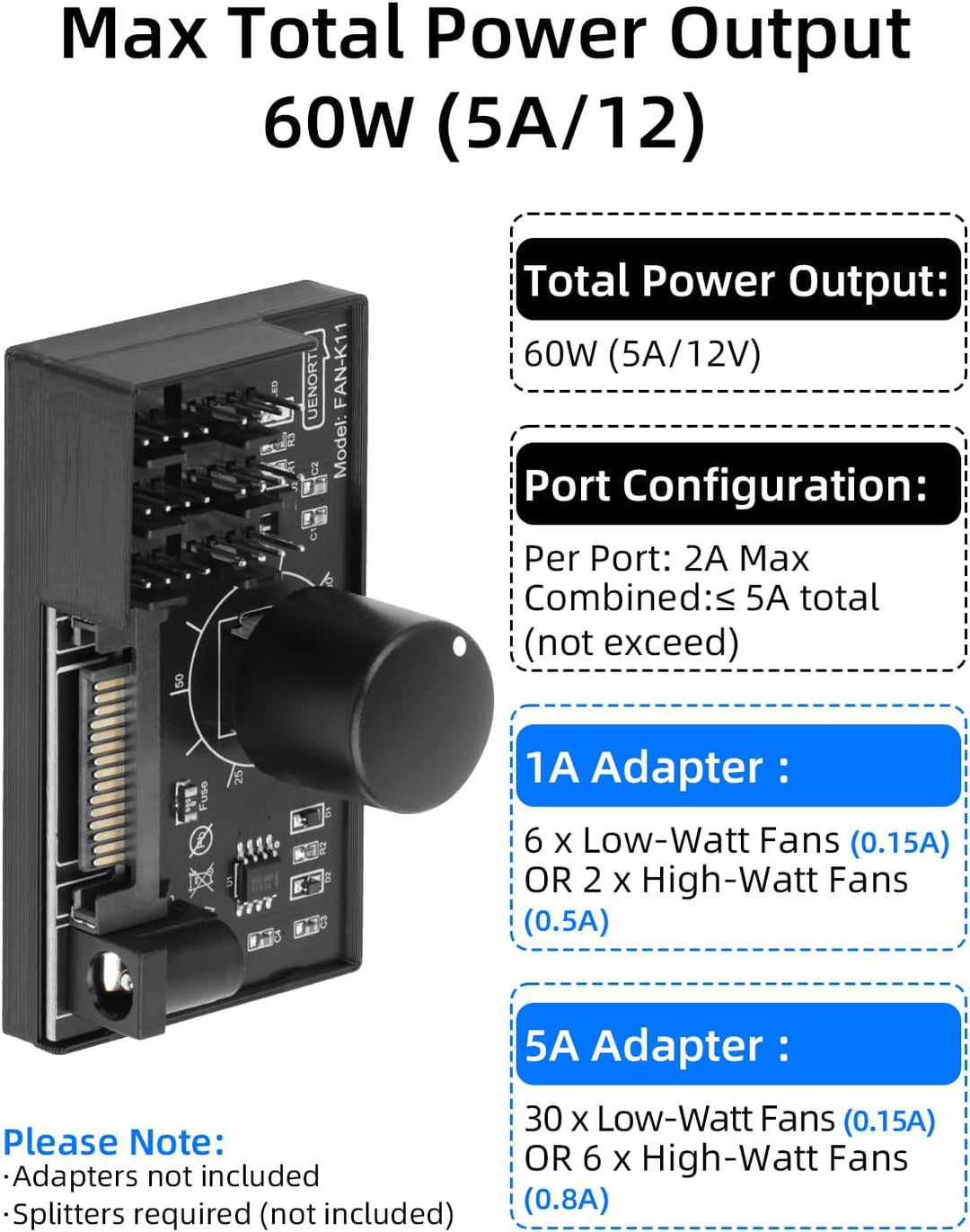 RIIEYOCA 12V 4-Pin PWM PC-Lüftersteuerung, PC-Lüfter-Adapter-Hub mit 6-fach 4-Pin Anschlüssen, Lüfte