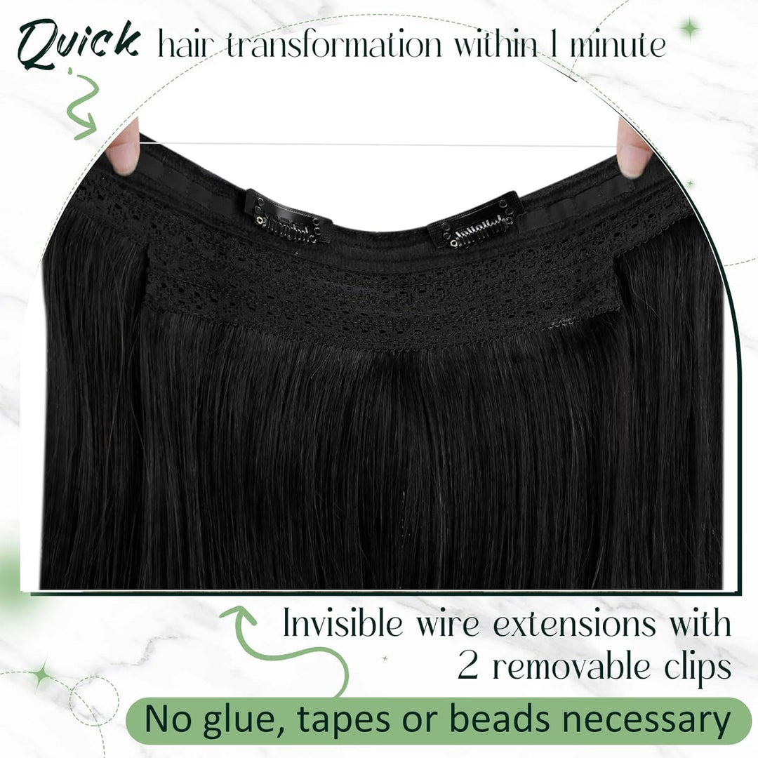 RUNATURE Adjustable Draht Hair Extensions Echthaar Fish Line Hair Extensions Farbe Pech Schwarz 80g