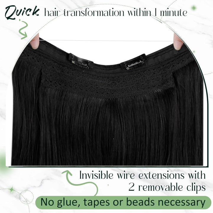 RUNATURE Adjustable Draht Hair Extensions Echthaar Fish Line Hair Extensions Farbe Pech Schwarz 80g