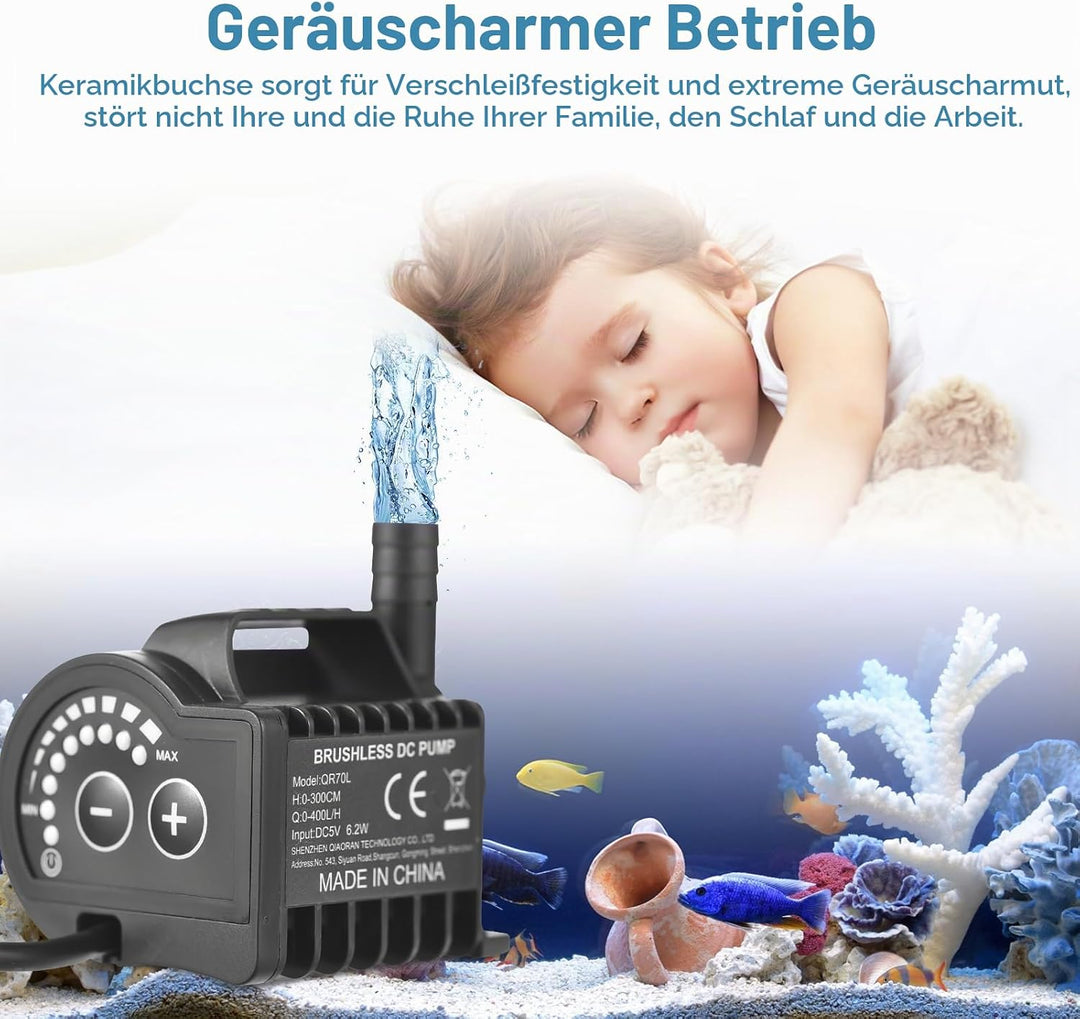 Elektrische Wasserpumpe, QR70L 5V 6.2W 0-400L/H Mikro Tauchwasserpumpe, 8 Stufen Einstellbar Drehzah