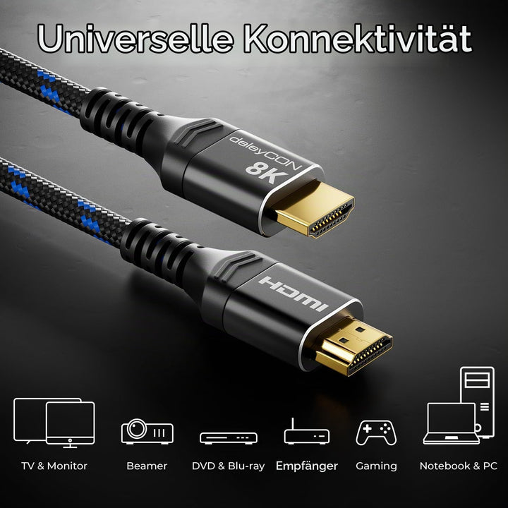 deleyCON 7,5m 8K HDMI 2.1b Kabel (48G, ULTRA Highspeed) 8K@60Hz 4K@144Hz 120Hz 2K@144Hz/165Hz EARC H