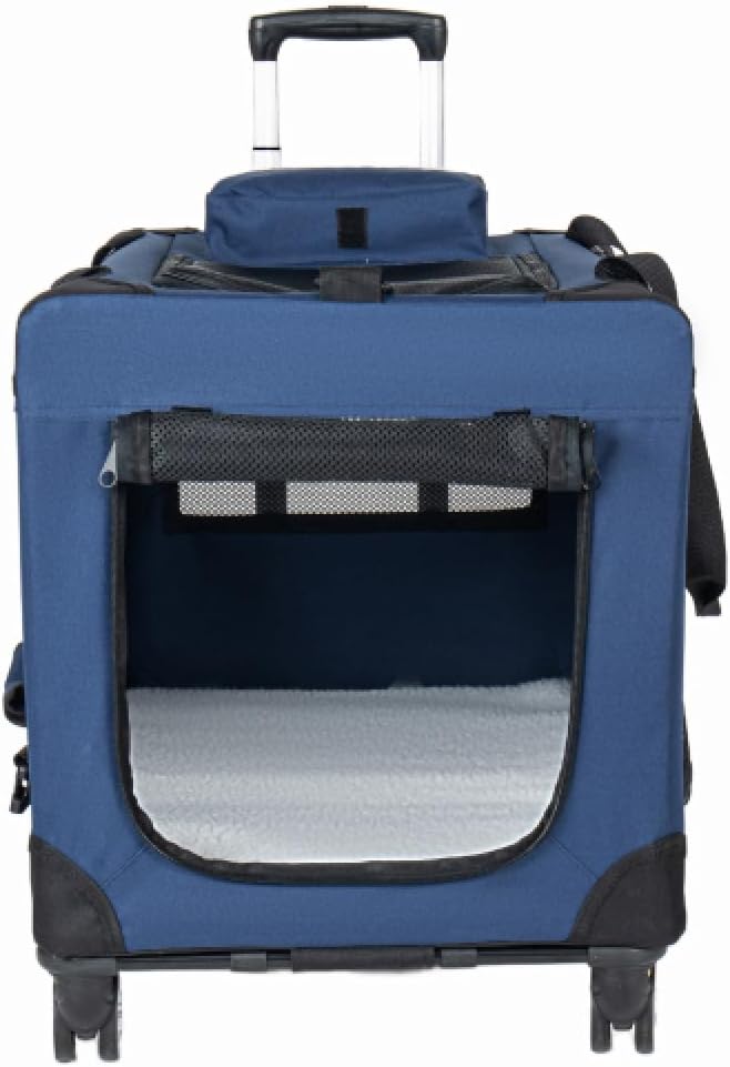 Dunkelblaue Tiertransportbox, 2-in-1 Faltbare Hundetransporttasche mit Rollen, Belüftete Haustierbox