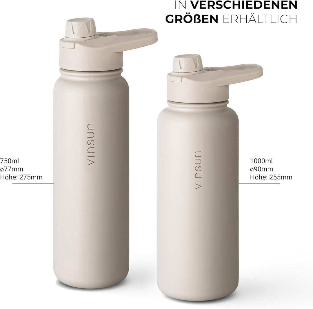 Vinsun Trinkflasche Edelstahl beige 1L - auslaufsicher, Kohlensäure geeignet, BPA frei - Strohhalm,
