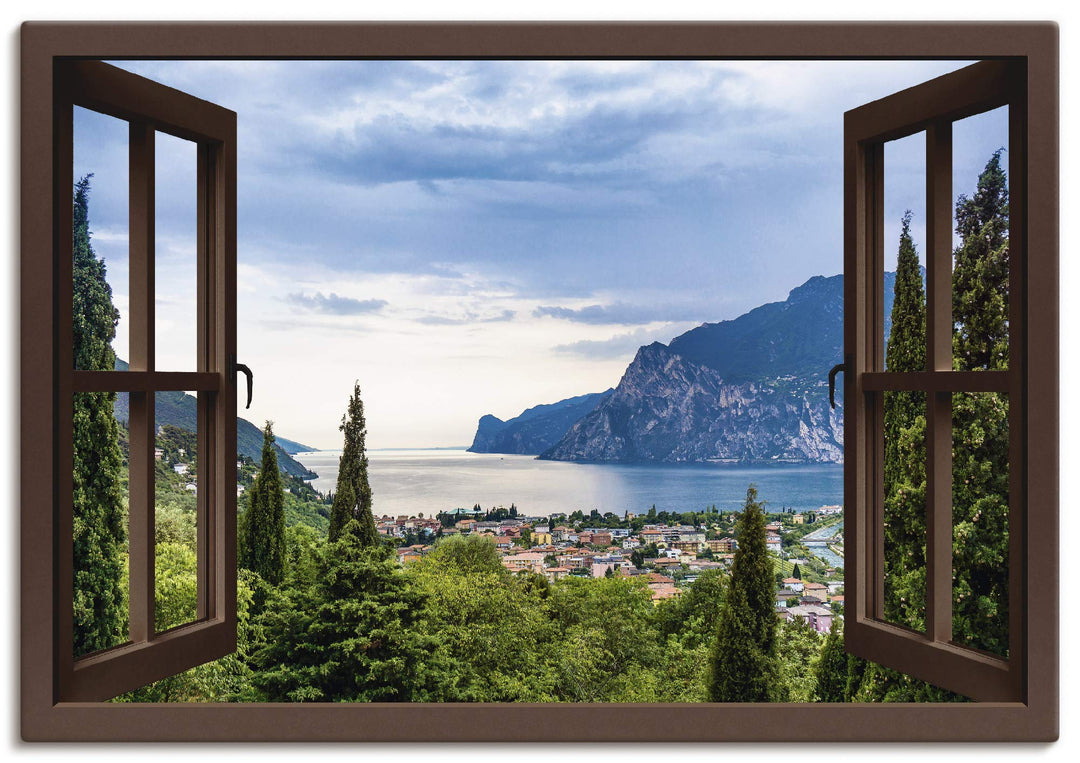 ARTland Leinwandbilder Wandbild Bild Leinwand 70x50 cm Querformat Fensterblick Gardasee Landschaft S