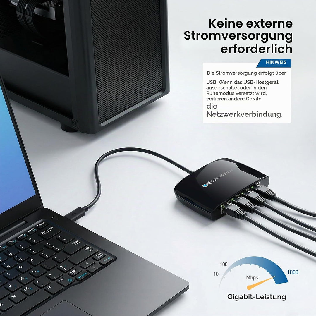 Cable Matters USB C auf 4-Port Gigabit Ethernet Switch (USB C auf LAN Splitter, USB C Ethernet Verte