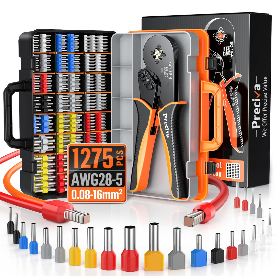 Preciva Draht-Crimpzangen-Set, 0,08–16 mm² mit 1275 Aderendhülsen (265 Doppelklemmen), Ratschen-Crim