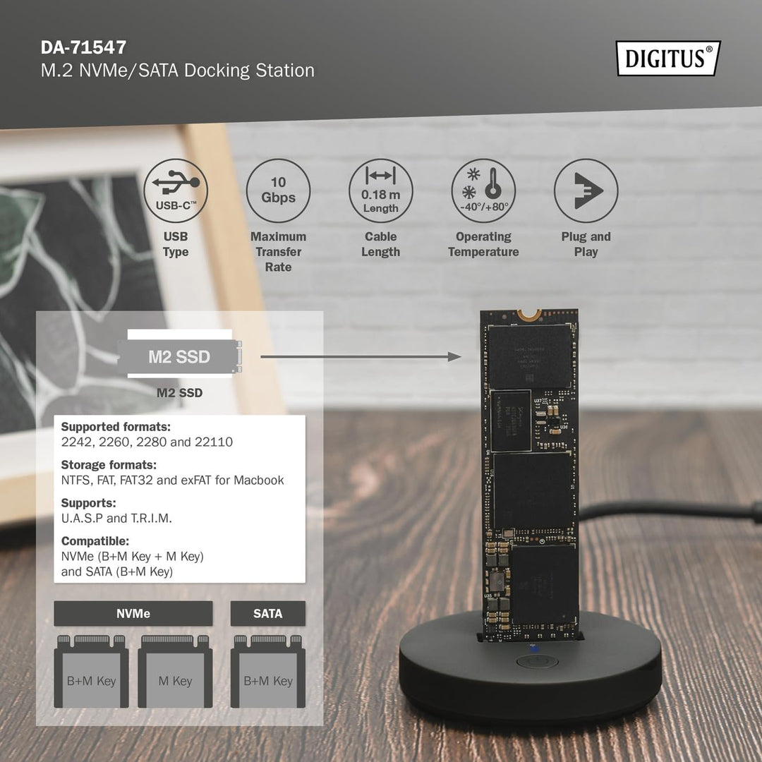 DIGITUS M.2 NVMe/SATA USB-C Docking Station - USB 3.2 Gen2 - 10 Gbit/s - M.2 Formate 2242, 2260, 228