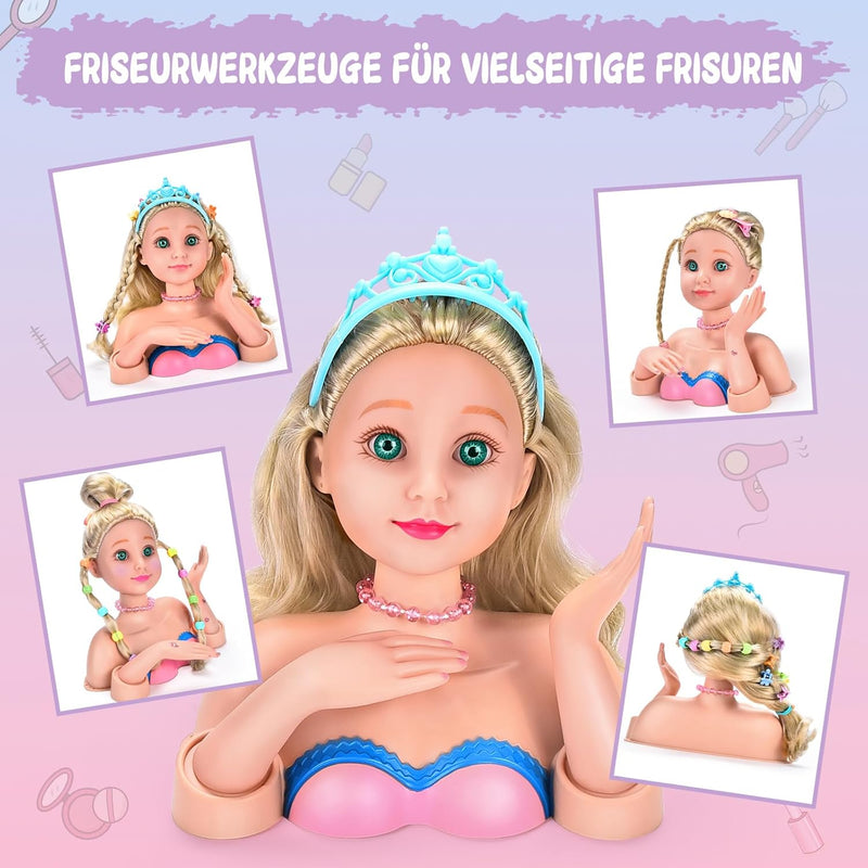 BuzzoXerex Frisierkopfpuppe für Kinder, Schminkpuppe Kinder Set, 60 Stück Waschbar Schmink und Frisi