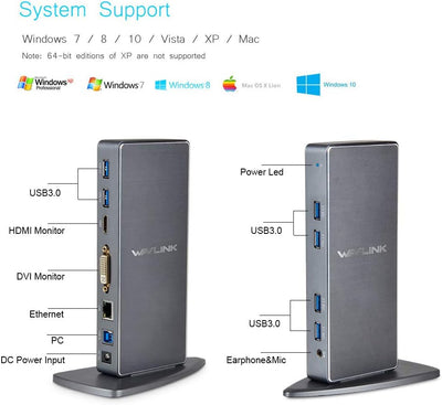 WAVLINK USB 3.0/USB C Universal DockingStation mit Zwei Videoausgängen (HDMI und HDMI, DVI oder VGA)