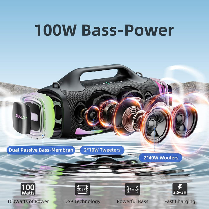 ZEALOT Bluetooth Lautsprecher,100W Stereo Sound für Draussen,XBass,Bluetooth 5.2,USB-C, 24000mAH,Dua