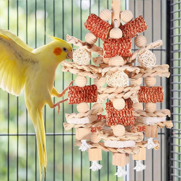 16,5 Zoll Papageienspielzeug Kauen Spielzeug, Vogelspielzeug mit Maiskolben und Karambole Holz Hänge