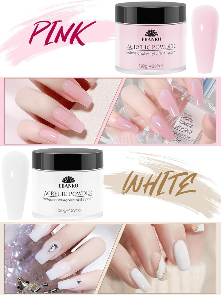 EBANKU Acrylpulver Set 480G, 4 Farben Acrylnagelpulver Professionelles Acrylpulver für Nagelacrylver
