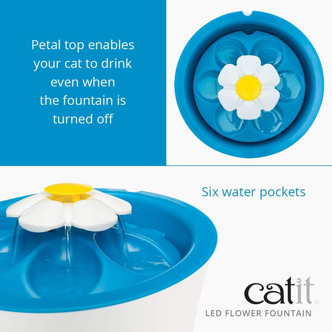 Catit 2.0 Flower Fountain, Blumentrinkbrunnen mit LED für Katzen, 3L, weiss/blau & 2.0 Triple Action