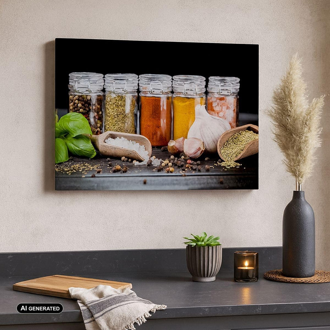 Bilder auf Leinwand 100x70cm Leinwandbild Gewürze Knoblauch Holz Salz Gross Wanddeko Bild Schlafzimm