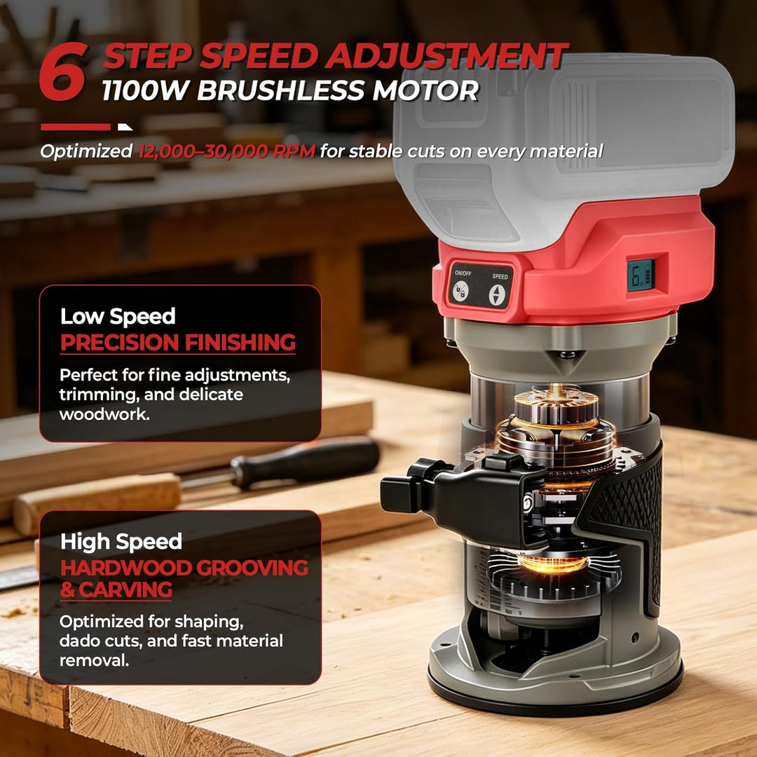 Bürstenloser kabelloser Power-Router kompatibel mit Milwaukee M18 18 V, Kantenschneider mit 6 Geschw