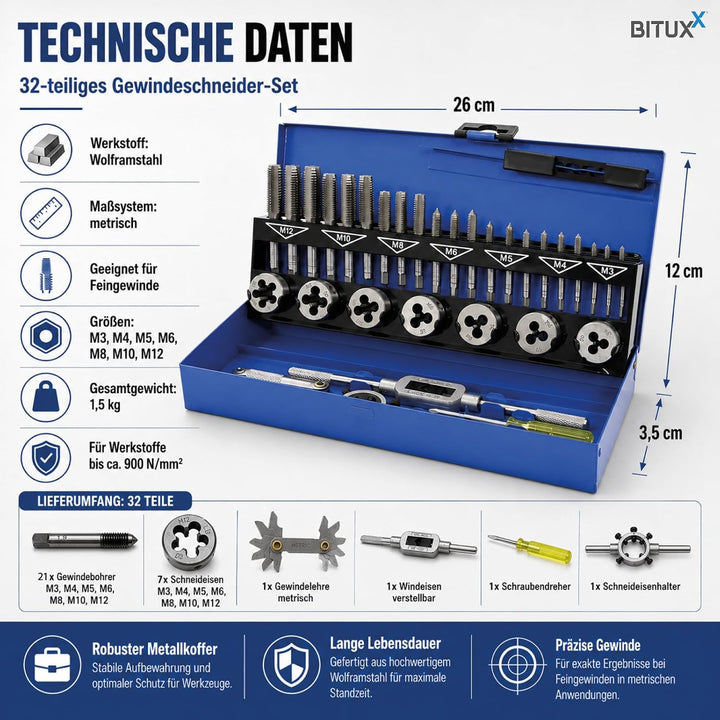 BITUXX® 32tlg Gewindeschneid Set Satz M3-M12 Gewindeschneider Gewindebohrer Set Schneideisen M3 M4 M