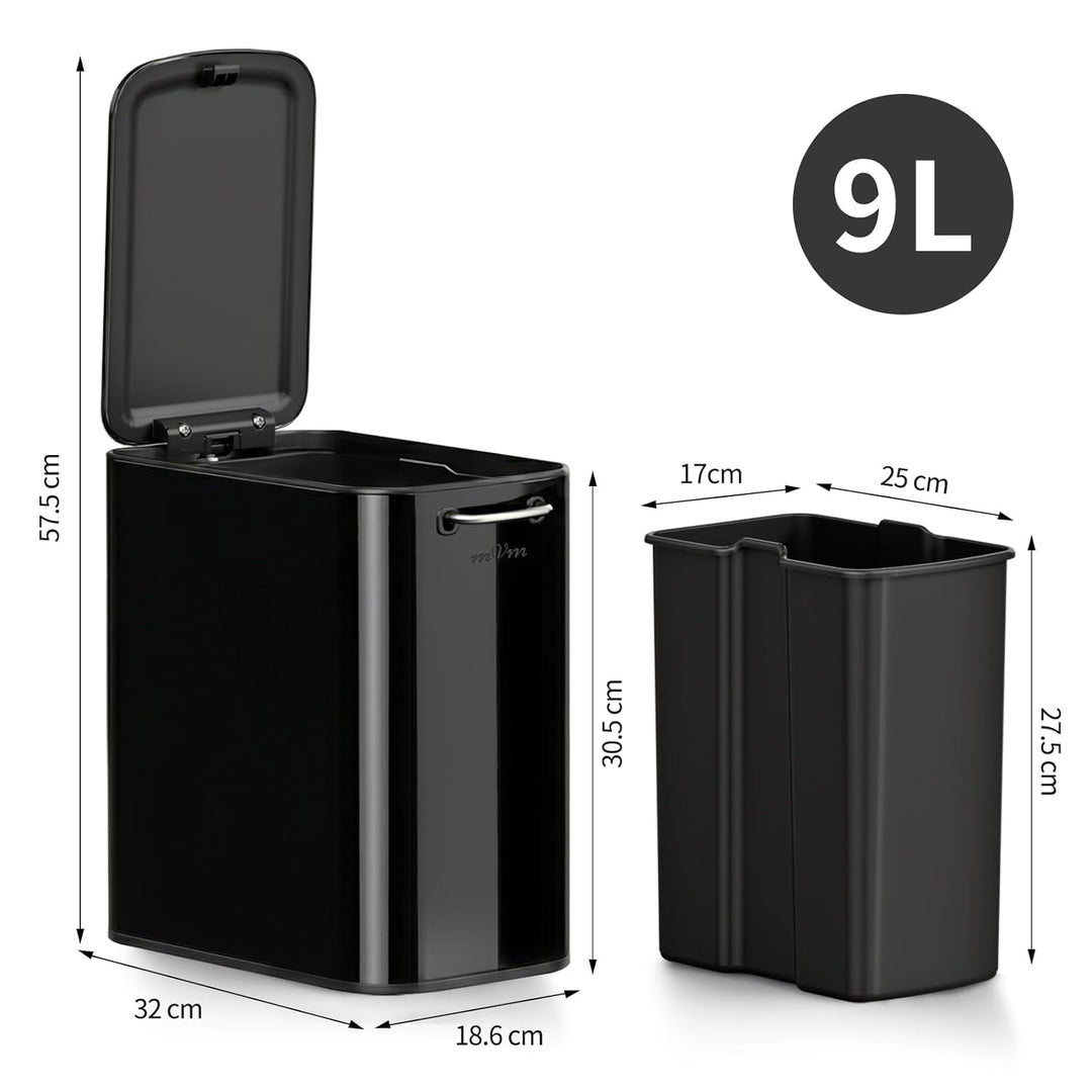mVm Mülleimer Bad 9L, Abfalleimer Edelstahl, Handbetätigter, Schwarz | Soft-Close, Herausnehmbarem I