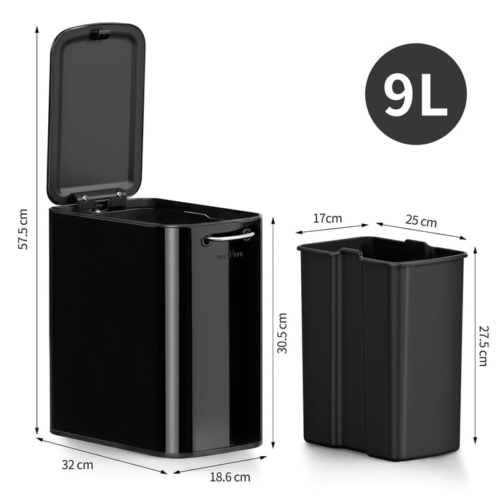 mVm Mülleimer Bad 9L, Abfalleimer Edelstahl, Handbetätigter, Schwarz | Soft-Close, Herausnehmbarem I