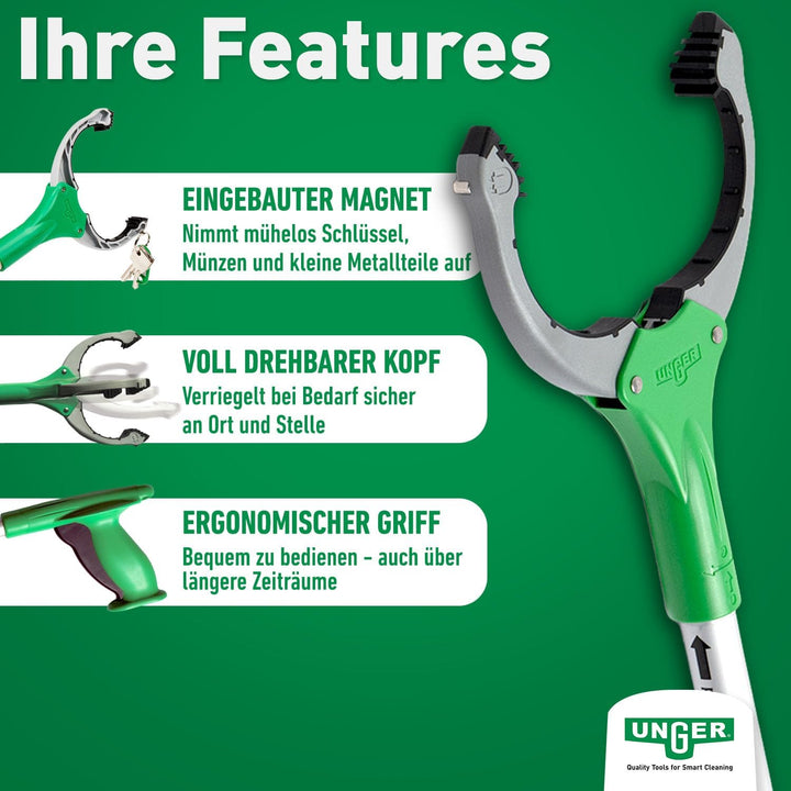 UNGER NiftyNabber Trigger Allzweckgreifer (93 cm lang, Müllzange, mit Magnetspitze, Greifkopf 360° d