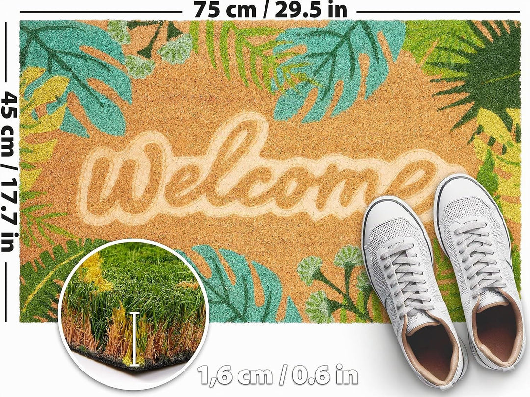 BRUBAKER 3D Fussmatte für Aussen und Innen - Welcome mit grünen Blättern - 45 x 75 cm Schmutzfangmat