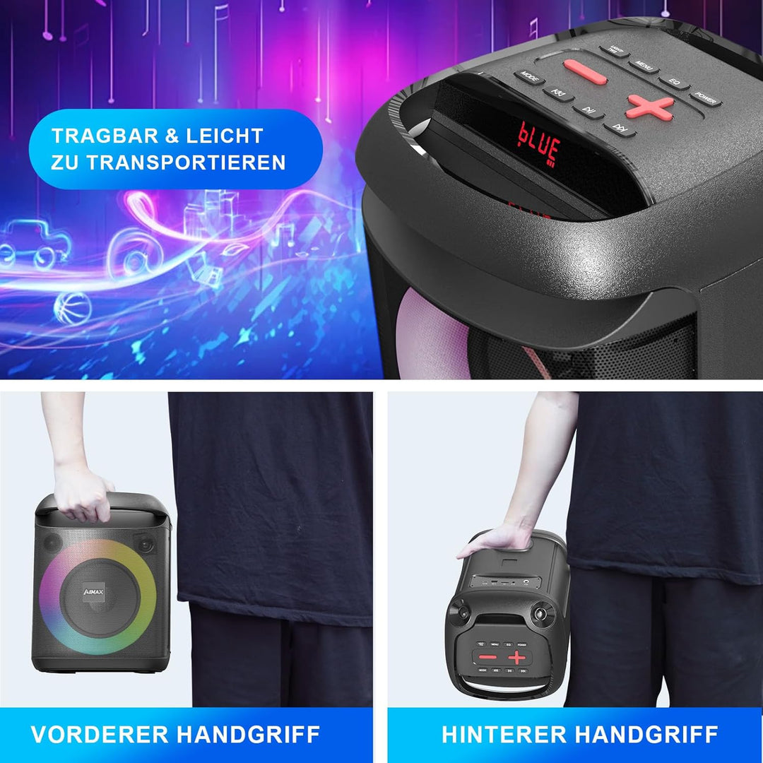 AIMAX Karaoke Maschine mit 2 Kabellosen Mikrofonen, Tragbare Bluetooth Lautsprecher für Erwachsene u