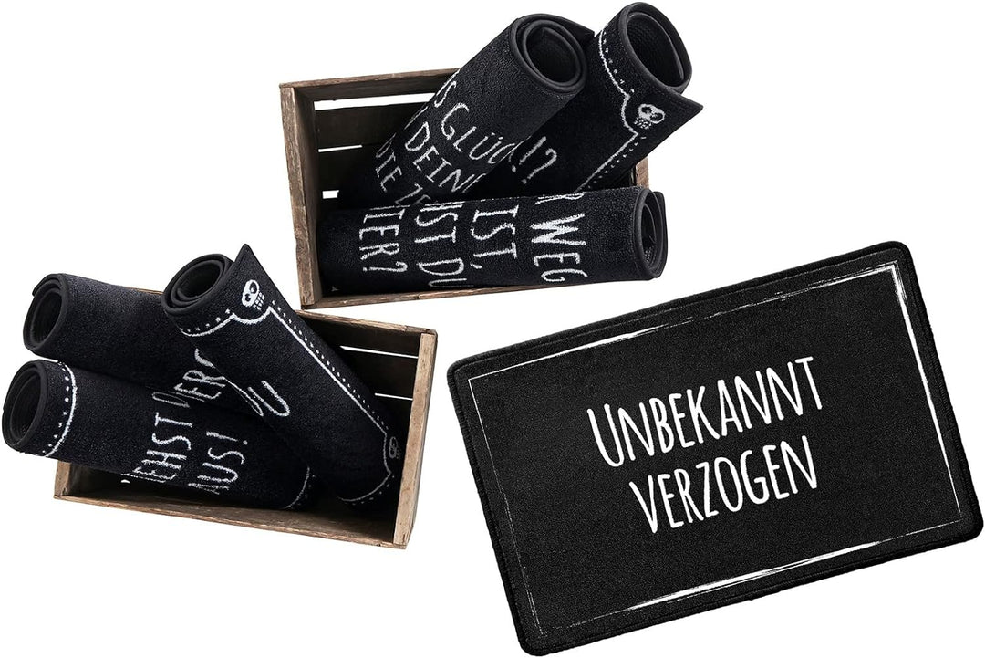 Pechkeks Fussmatte mit Spruch „Unbekannt verzogen. “ (Grösse 67x43 cm; rutschfest, waschbar, schwarz